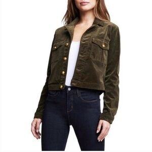 NWT L’AGENCE Eisenhower Cotton Blend Velvet Crop Trucker Jacket Army/Olive Green